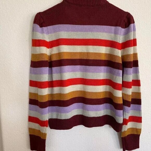 WAYF Striped Puff Sleeve Crew Neck Sweater Plum Lilac Red Orange Light Grey - Picture 4 of 6